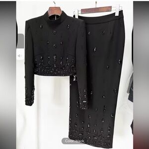 Elegant Black Two Piece Top and Skirt Set